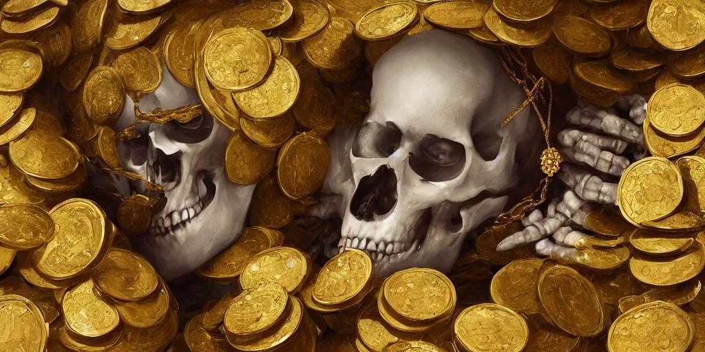 Prompt: concept art of a skeleton laying in the middle of golden coins and precious jewels, pearl, rubi, diamonds, painting by wlop, nixeu and greg rutkowski, beautiful, semirealism, artstation, octane render, oil painting, sharpness, 8 k, golden ratio