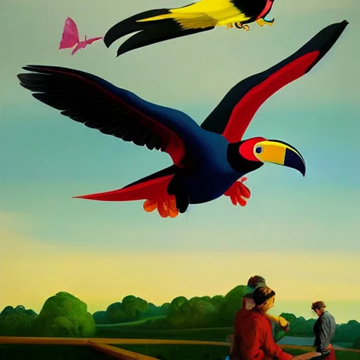 Image similar to Giant toucans fly through the air, as a tornado approaches, by Takashi Murakami, Edward Hopper, Bo Bartlett, and Cynthia Sheppard, Artstation