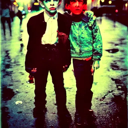 Image similar to night flash color portrait photography of punk kids on the lower east side by diane arbus, colorful!, nighttime!, raining!