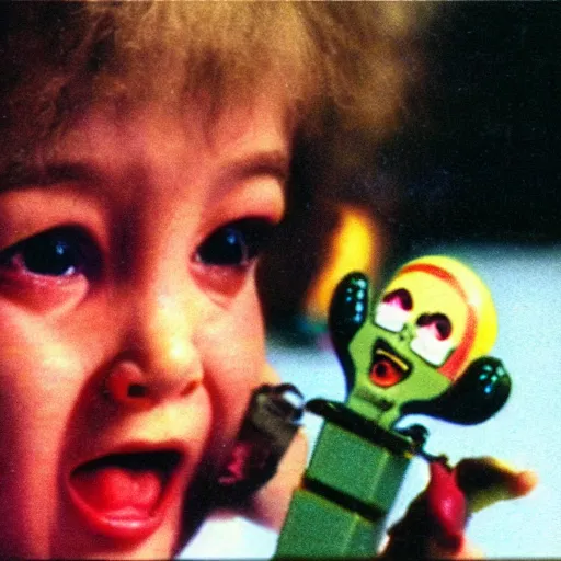 Prompt: vhs footage of an 8 0 s toy commercial where a kid is terrified of a possessed demonic toy