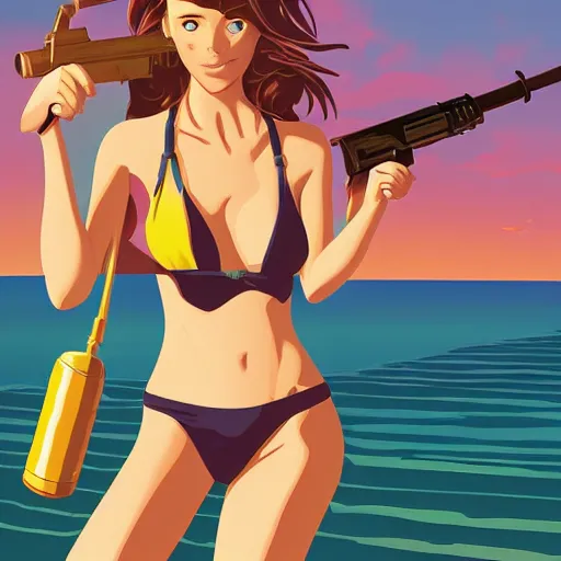 Prompt: laura stein woman holding a rocket launcher at the beach, half body shot, detailed bikini, gorgeous face, digital art, by makoto shinkai, by dan mumford, vector art