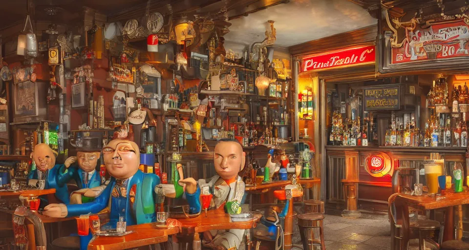 Image similar to closeup profile portrait of retro tin toy london pub 1 8 8 0, depth of field, detailed and intricate environment, 8 k resolution, hyperrealistic, octane render