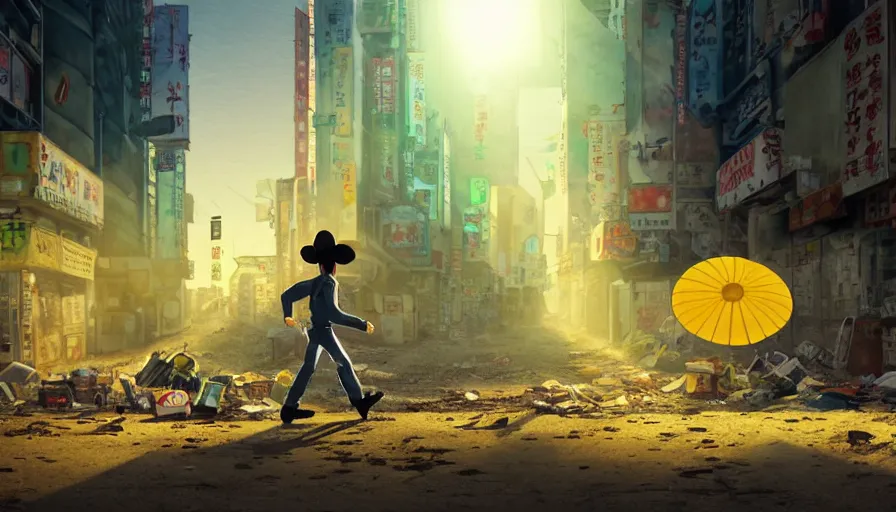 Image similar to incredible wide screenshot, ultrawide, simple watercolor, rough paper texture, anime movie scene, backlit distant shot of robot cowboy running away from the troubles of life, side view, yellow parasol in deserted dusty shinjuku junk town, broken vending machines