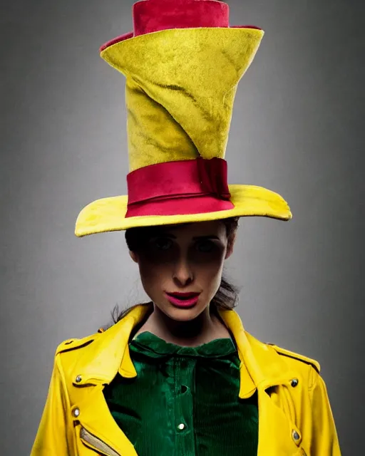 Image similar to photorealistic portrait headshot photos of kristen ritter wearing a yellow leather jacket, green corduroy pants, a red silk blouse, and purple velvet top hat on her head, photoshoot in the style of annie leibovitz, photorealistic, bokeh