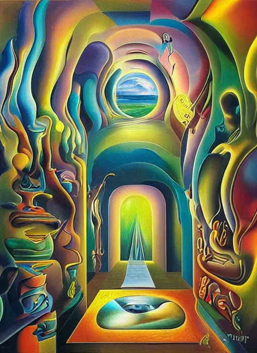 Image similar to an extremely high quality hd surrealism painting of a 3d galactic neon complimentary-colored cartoony surrealism melting optically illusiony hallway by kandsky and salvia dali the second, salvador dali's much much much much more talented painter cousin, clear shapes, 8k, ultra realistic, super realistic