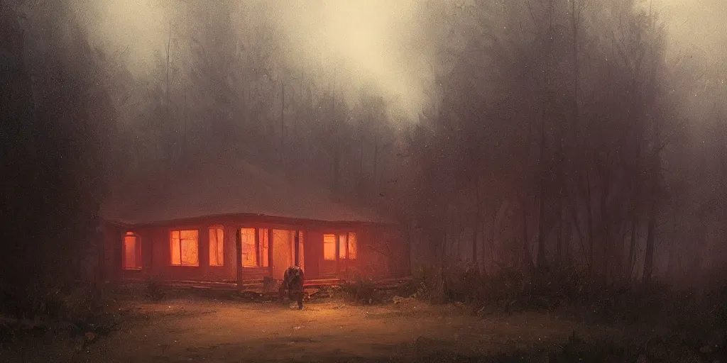 Prompt: an old house with red light on from the windows during the night in a forest, a men stand up in front of the house, mystical fog, oil on canvas, details, a desert road next to the house, illustration, art by andreas achenbach and alena aenami