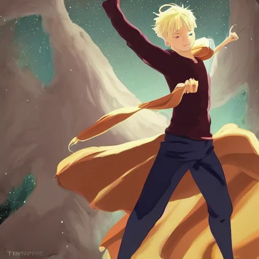 Image similar to blonde boy with golden eyes wearing a brown cape and flying in t pose, in the style of studio ghibli, artgerm