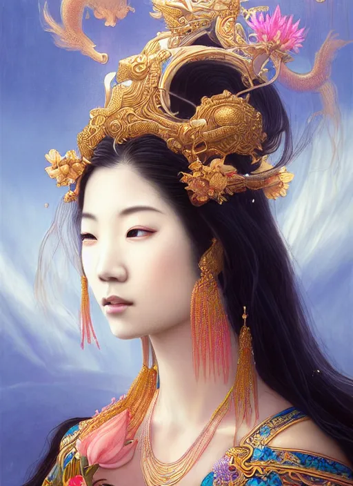 Prompt: asian goddess of the koi!! portrait of a seductive queen in underwater murky light, wind blown hair! fantasy esoteric, closeup, d & d, fantasy, intricate, elegant, highly detailed, digital painting, artstation, concept art, matte, sharp focus, illustration, art by artgerm and tom bagshaw and greg rutkowski and alphonse mucha
