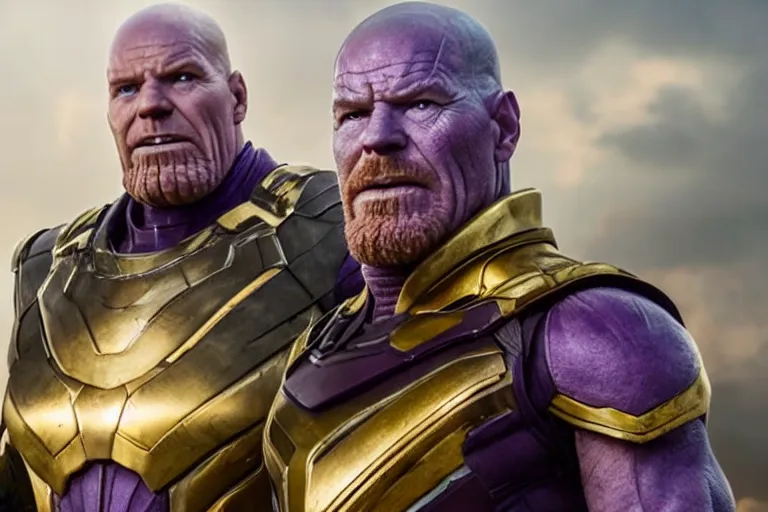 Image similar to promotional image of bald Bryan Cranston as Thanos in Avengers: Endgame (2019), purple skin color, golden plate armor, stern expression, movie still frame, promotional image, imax 70 mm footage