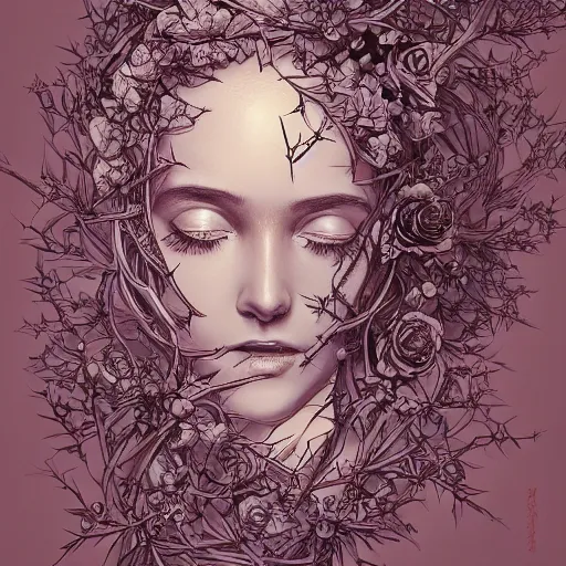 Image similar to the anatomy of a head of thorns with roses that resemble a beautiful young woman looking up, an ultrafine detailed illustration by james jean, intricate linework, bright colors, final fantasy, behance contest winner, vanitas, angular, altermodern, unreal engine 5 highly rendered, global illumination, radiant light, detailed and intricate environment