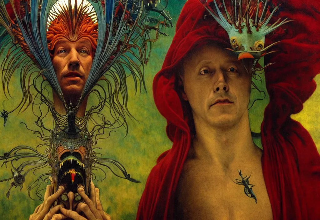 Image similar to realistic detailed portrait movie still of a birdman wearing dark robe, sci fi landscape background by denis villeneuve, amano, yves tanguy, alphonse mucha, ernst haeckel, max ernst, roger dean, masterpiece, rich moody colours, snarling dog teeth