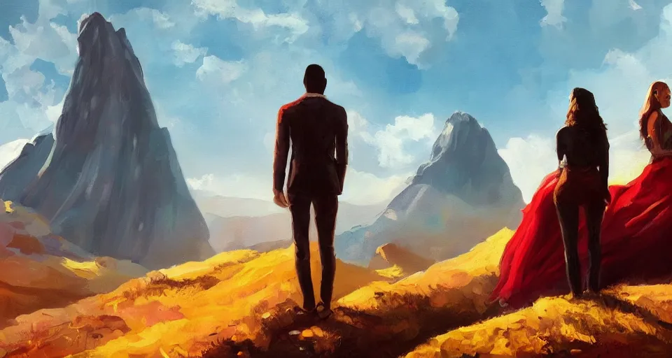 Prompt: a painting of a man and a woman on a hill, a screenshot by Zack Snyder, behance contest winner, afrofuturism, concert poster, behance hd, movie poster,