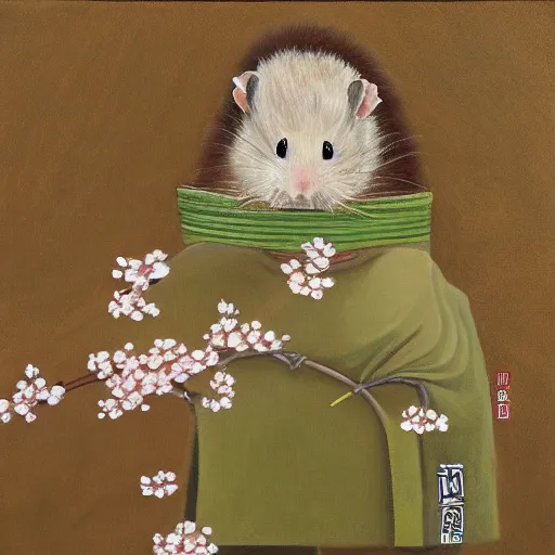 Prompt: “ a naturalistic painting, of a hamster in shogun armor, with sakura blossoms in the background, oil on canvas, a 4 canvas ”