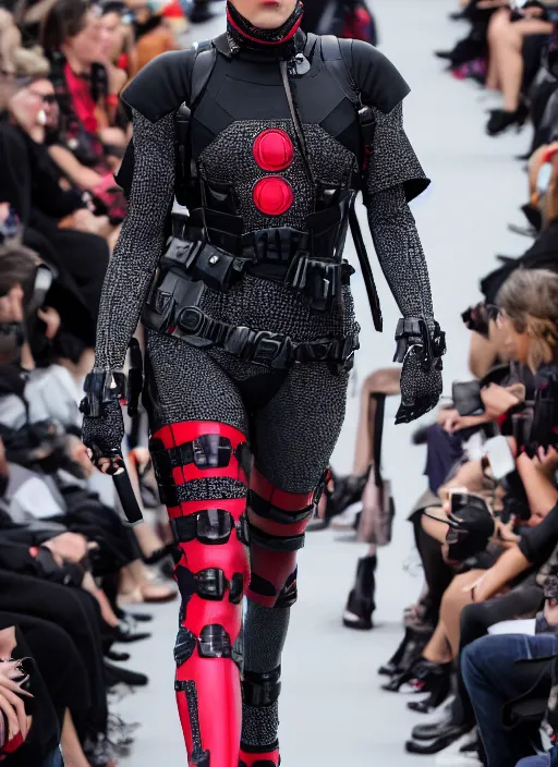 Image similar to hyperrealistic and heavy detailed balenciaga runway show of deadpool, leica sl 2 5 0 mm, vivid color, high quality, high textured, real life