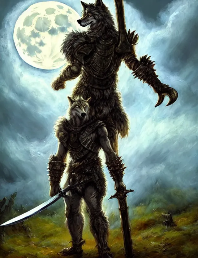 Prompt: a bipedal wolf that is wearing full iron plate armor, and holding a colossal sword, over his shoulder, as a matte oil painting and d & d character art, by jackson pollock, standing, fullbody, fluffy tail, full moon, cumulus clouds, award - winning, extremely detailed, sharp focus