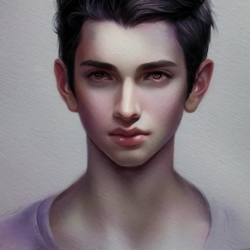 Prompt: young boy, black hair, purple eyes, gorgeous, amazing, feminine, elegant, intricate, highly detailed, watercolor, portrait, artstation, concept art, sharp focus, illustration, art by charlie bowater and Ross tran