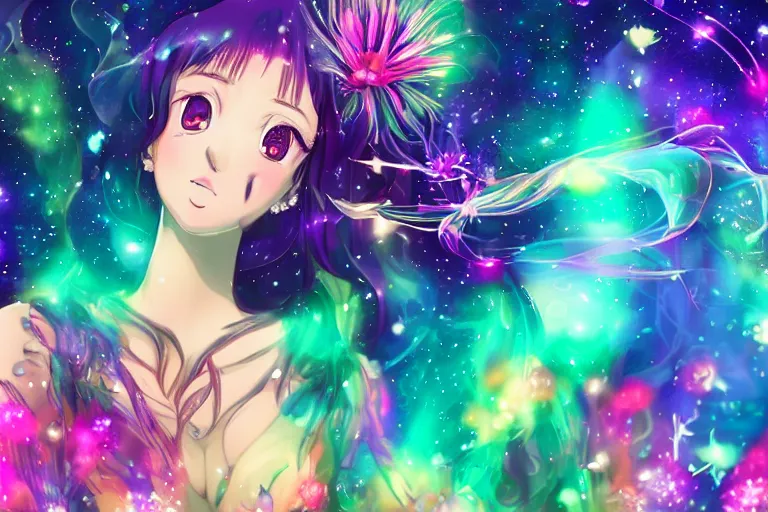 Image similar to psychedelic, full body, whimsical, anime, 4k, beautiful lusty woman blowing smoke, with professional makeup, long trippy hair, a crystal and flower dress, sitting in a reflective pool, surrounded by gems, underneath the stars, rainbow fireflies, trending on patreon, deviantart, twitter, artstation, volumetric lighting, heavy contrast, art style of Ross Tran and Miho Hirano and Ilya Kuvshinov