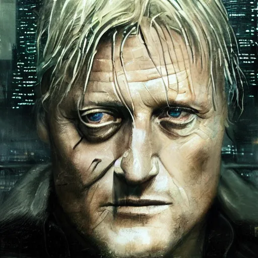 Image similar to cinematic portrait of rutger hauer in blade runner, neon rain, moody, elegant, by alyssa monks, highly detailed, symmetrical face, fine details, masterpiece, trending on artstation