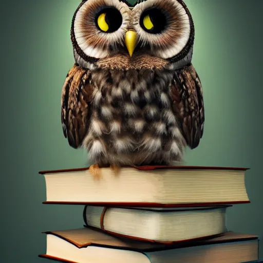 Image similar to long shot of a cute friendly owl sitting on a pile of books, by naoto hatori, by yoshita amano, by esao andrews, product photography, hyperrealistic, big depth of field, fresh colors, 3 d octane render conceptart, 4 k, highly detailed, trending on artstation