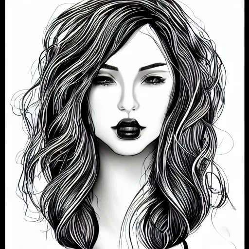 Prompt: A black ink portrait of a lonely beautiful woman with slightly opened lips and the the constellation in her black flowing hair, Trending on artstation