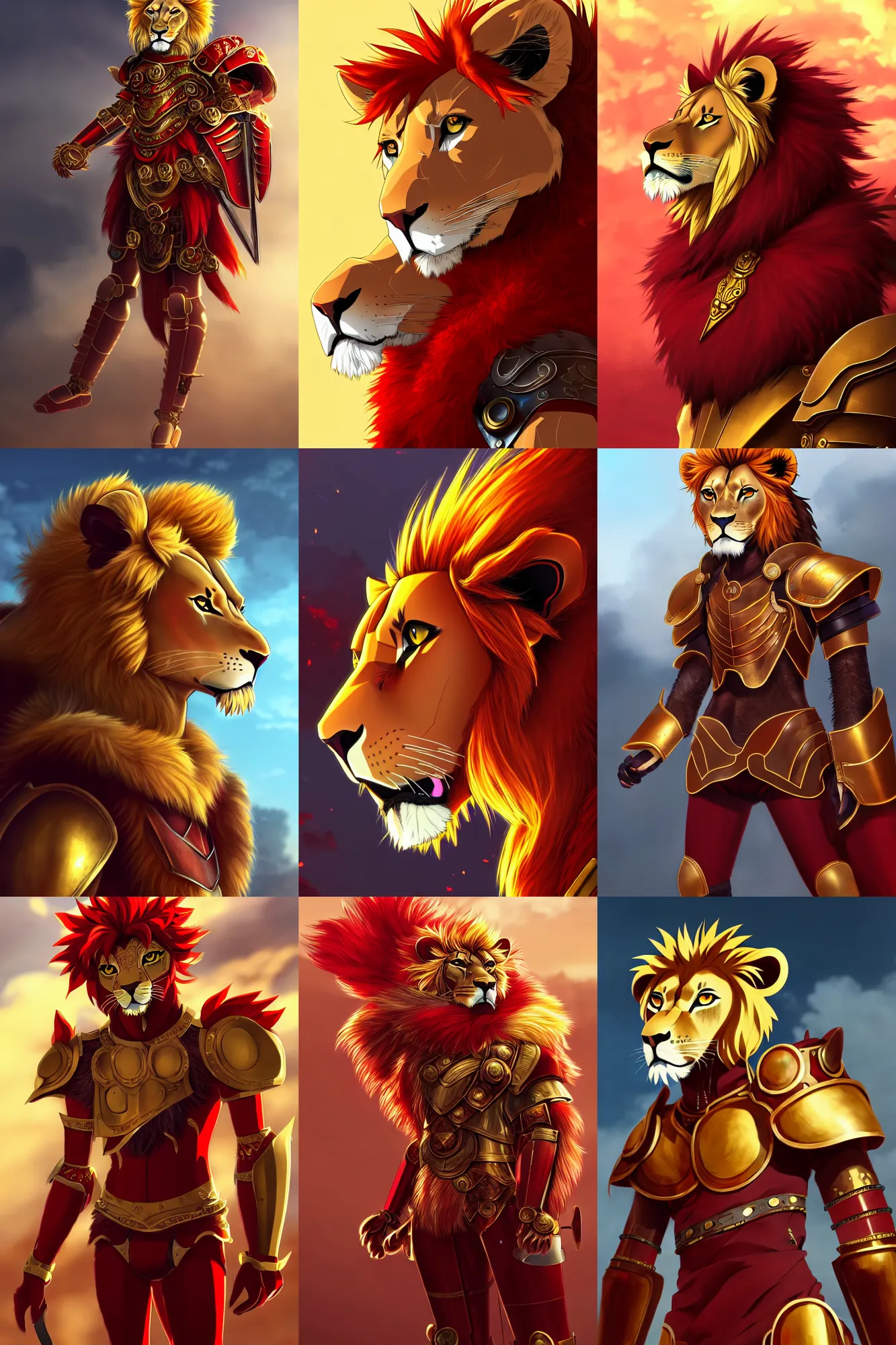 Prompt: lion with red and gold roman armor, fursona, anthro, young boy, anime key visual, detailed armor, detailed fur, makoto shinkai, portrait
