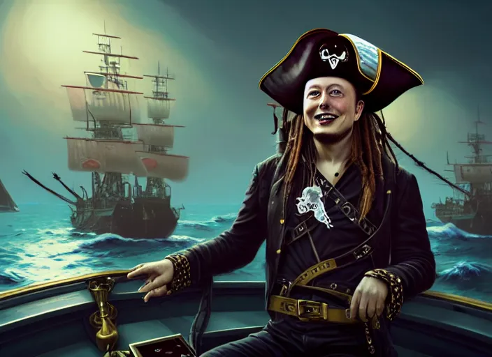 Image similar to highly detailed portrait of Elon Musk as a dread pirate captain, proudly posing at the helm of his frigate wearing a pirate hat, full body, artstation, cinematic lighting, hyperdetailed, cgsociety, 8k, high resolution, insanely detailed and intricate, concept art, smooth, sharp focus, illustration, art by John Collier and Albert Aublet and Krenz Cushart and Artem Demura and Alphonse Mucha