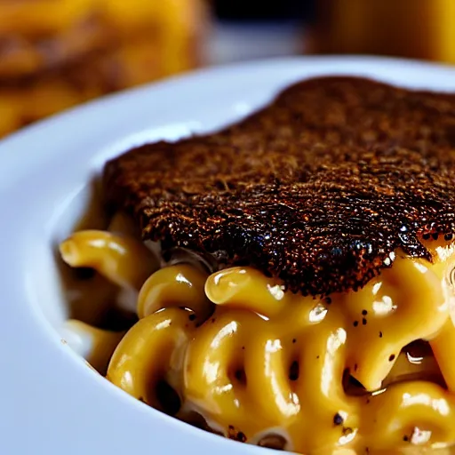 Image similar to a close - up shot of vegemite on top of macaroni and cheese, hd, photo, soft lighting, food