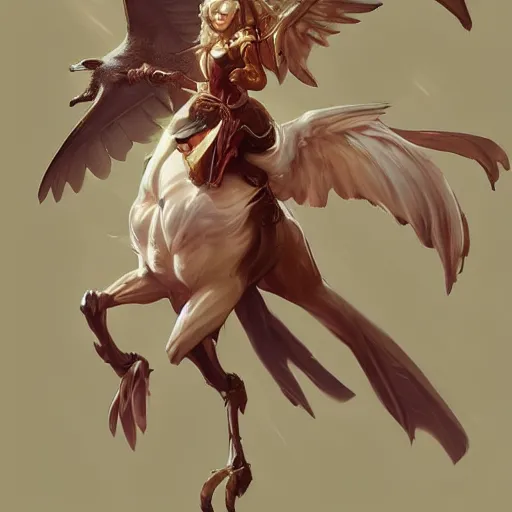 Image similar to Art station concept of a beautiful girl riding a gryphon, symmetrical face, smooth body features, by Stanley Artgerm Lau, WLOP, Rossdraws, James Jean, Andrei Riabovitchev, Marc Simonetti, and Sakimichan, trending on artstation