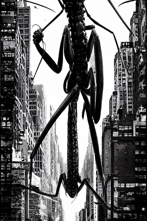 Image similar to a giant praying mantis destroys new york, horror sci - fi black and white poster