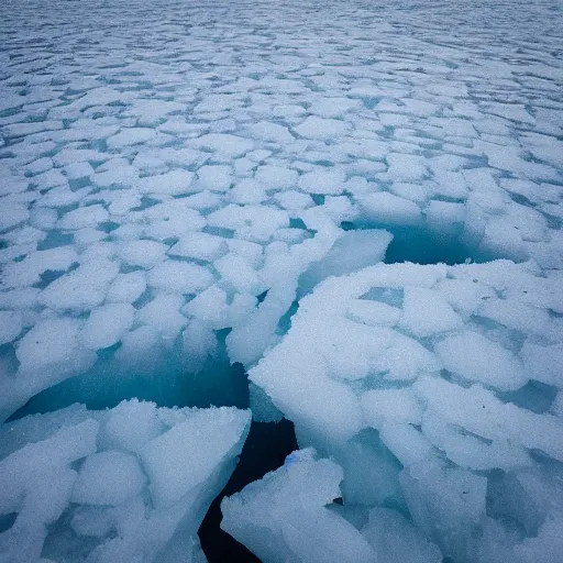 Image similar to “ a photograph taken underneath a thick layer of frozen sea ice, but above the dark water ”