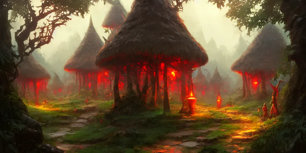 Image similar to Small elven village in deep lush forest with red lamp posts and wooden huts. In style of Greg Rutkowski, Jesper Ejsing, Makoto Shinkai, trending on ArtStation, fantasy, great composition, concept art, highly detailed, scenery, 8K, Behance.