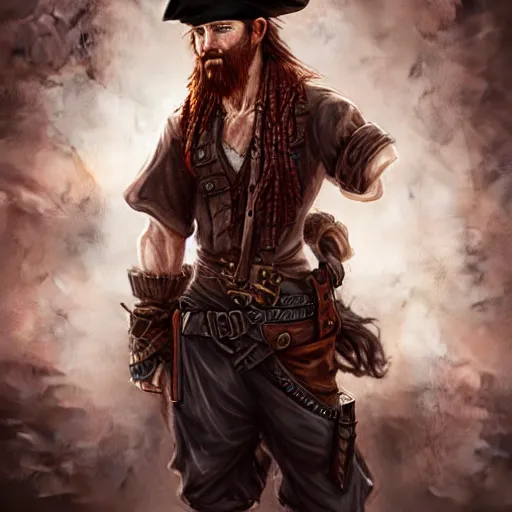 Image similar to rugged playful pirate, 3 0 years old, male, handsome, masculine, red hair, long hair, soft hair, fantasy, intricate, elegant, highly detailed, steampunk, airship, digital painting, artstation, concept art, character art, smooth, sharp focus, illustration, art by artgerm