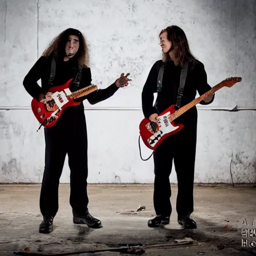 Image similar to two electric guitar players in jumpsuits, playing death metal in an abandoned warehouse