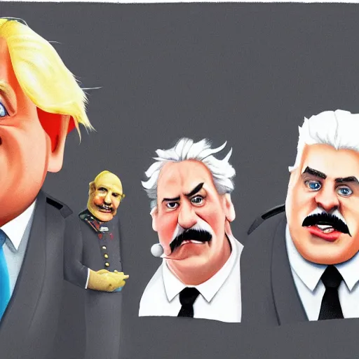 Prompt: boris johnson, stalin, shrek, joe baiden running in a spot. detailed high quality caricature