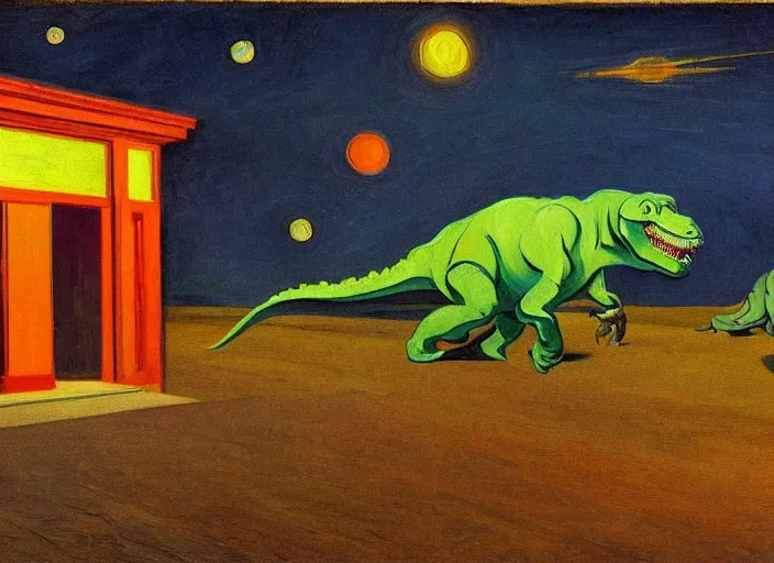 Prompt: painting of the extinction of the dinosaurs with asteroid and fire, in the style of edward hopper and vincent van gogh, dramatic lighting at dusk