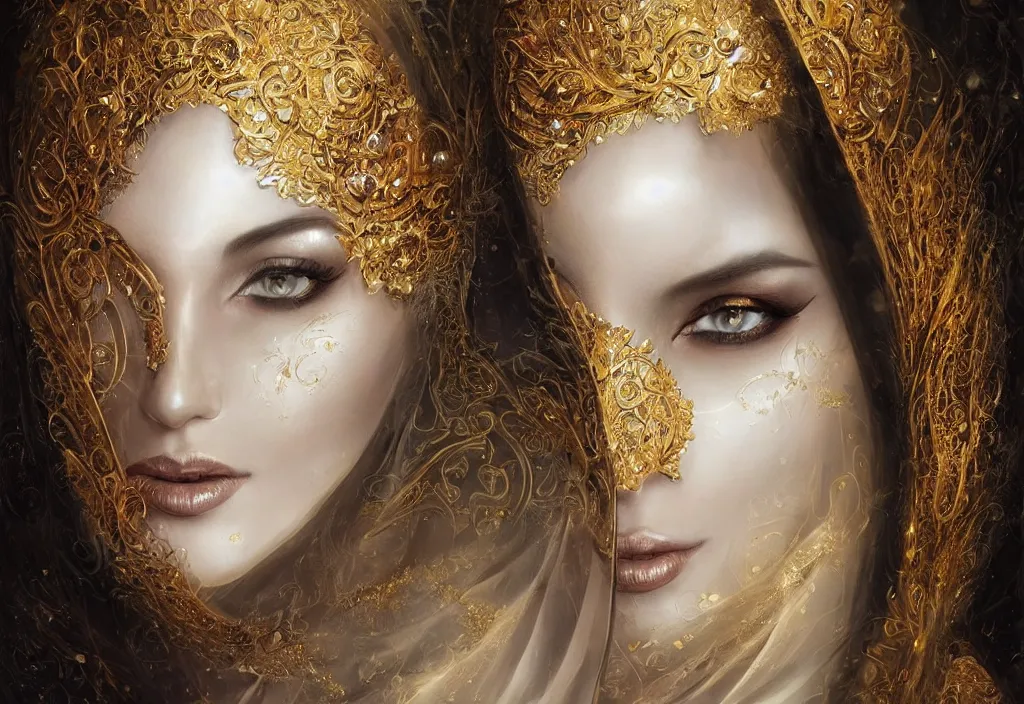 Prompt: a beautiful woman wearing a white niqab made of silk with golden jewelry and diamonds by alex gray and android jones, karol bak, ayami kojima, arabian, concept art, fantasy