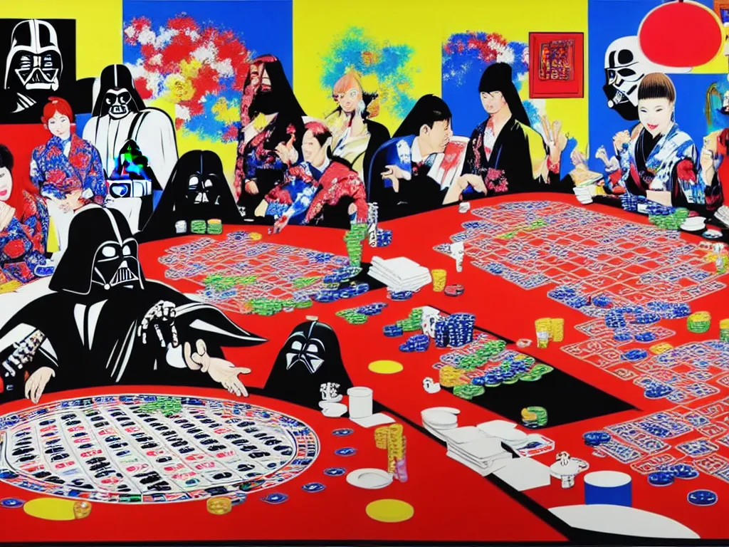 Image similar to hyper - realistic composition of a large room with an extremely detailed poker table in the center, woman in traditional japanese kimono standing nearby, darth vader sitting at the table, fireworks in the background, pop art style, jackie tsai style, andy warhol style, acrylic on canvas, dull palette