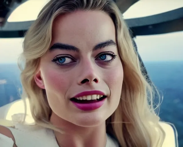 Prompt: a photo of margot robbie in the air jumping from a helicopter, hyper realistic faces, beautiful eyes, cinematic, long shot, hyper detailed, 8 5 mm photograph, 8 k resolution, film still, sharp lens, wide lens
