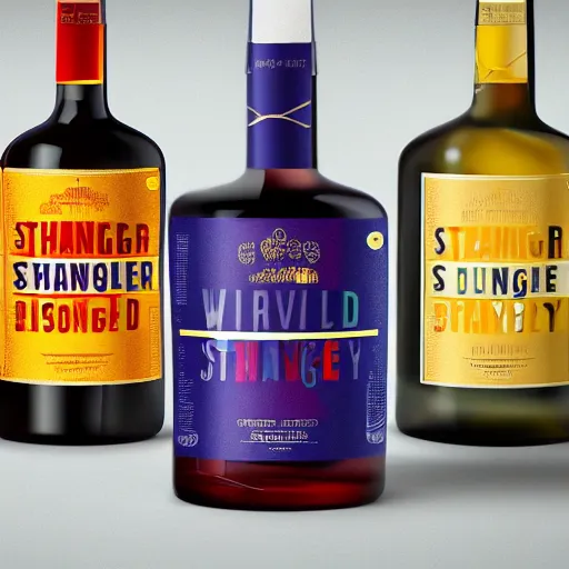 Image similar to liquor, packaging design, premium quality, limited edition, artist, bold, front label, trending, behance, packaging of the world, bright colors, stanger stranger