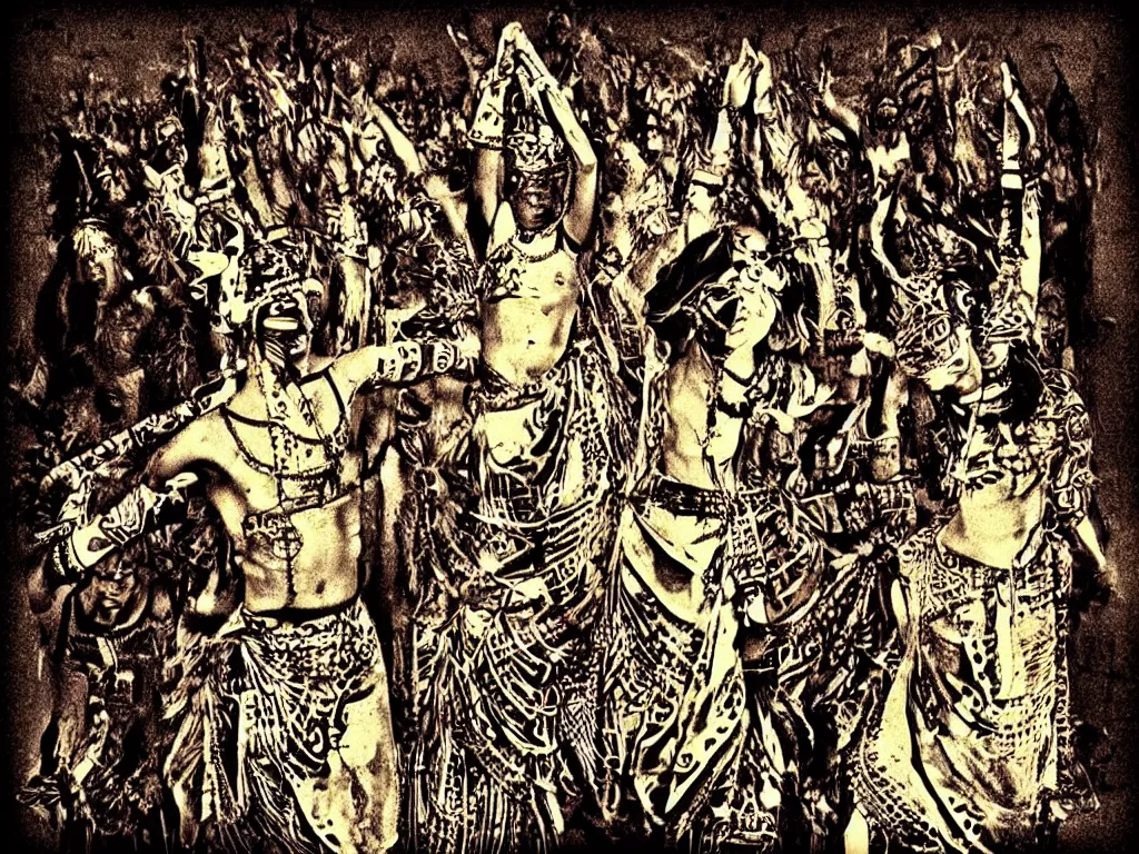 Prompt: surreal, tribal dance, art by mirella stern, mark fredrickson, dali, grunge filter effect