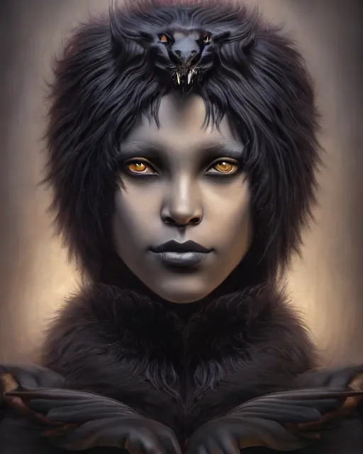 Image similar to a portrait of black furry shadow nightmare monster hybrid human in a background of deep shadows, illustration, dramatic lighting, soft details, painting oil on canvas, art nouveau, octane render, HDR, 4k, 8k, HD, by Edmund Blair Leighton, Brom, Charlie Bowater, trending on artstation, Tom Bagshaw, faces by otto Schmidt