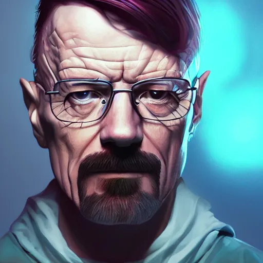 Image similar to high quality illustration, walter white realistic portrait, cyberpunk, riot game, beautiful, alexandre bourlet, arcane, lois van baarle, league of legend, digital painting, james jean, dynamic colors, greg rutkuwsky, artstation, concept art, neon