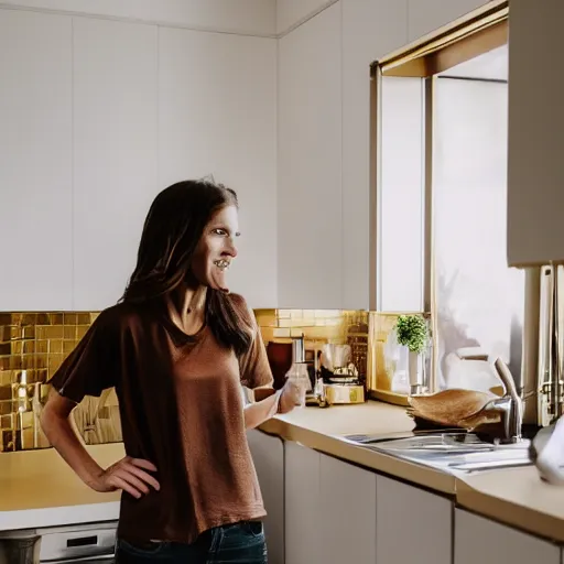 Prompt: a candid photo of a brunette female, young, athletic, australian, wearing a gold tshirt in a kitchen