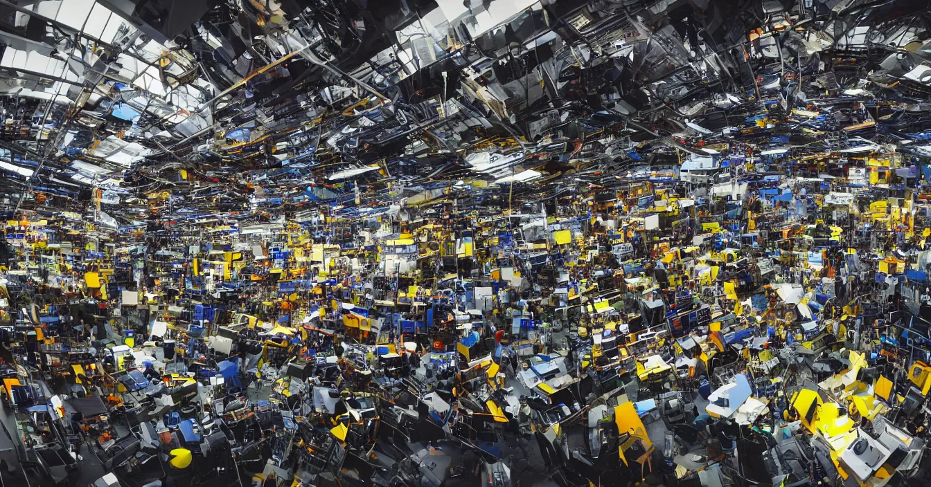 Prompt: Realistic wide photo of a room interior of hardware engineers and scientists from future, full of various electronic hardware components, devices and instruments, incredible sharp details, light contrast, dark atmosphere, bright vivid colours, reflections, metal speculars, journalistic photography