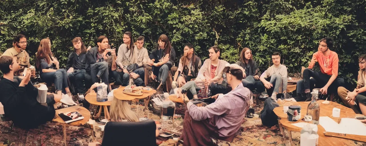 Prompt: a group of gen z friends sitting around talking about climate change while drinking old fashions, in the style of a lofi chillstep video