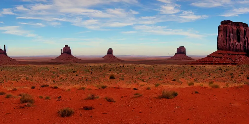 Prompt: a Monument Valley scenery, camps in the background