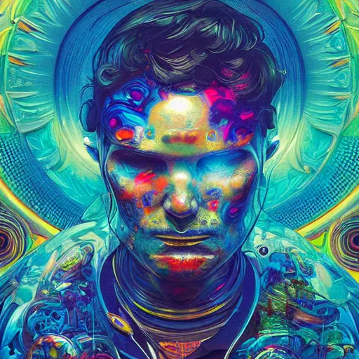 Image similar to An extremely psychedelic experience, colorful, surreal, dramatic lighting, cosmonaut, LSD, face, detailed, intricate, elegant, highly detailed, digital painting, artstation, concept art, smooth, sharp focus, illustration, art by Sam Spratt, Dan Mumford, Artem Demura and Alphonse Mucha