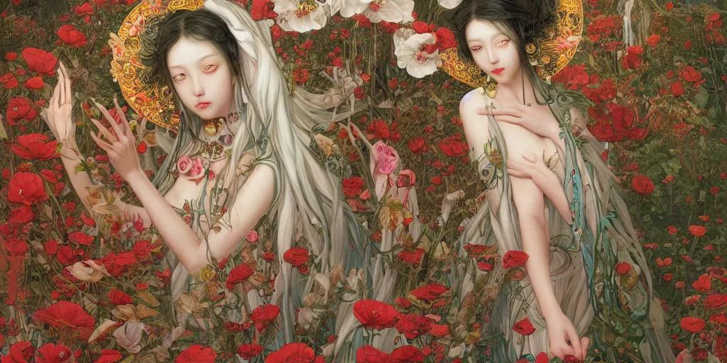 Prompt: breathtaking detailed weird concept art painting of the goddess of poppy flowers, orthodox saint, with anxious, piercing eyes, ornate background, amalgamation of leaves and flowers, by hsiao - ron cheng and john james audubon and miho hirano, extremely moody lighting, 8 k