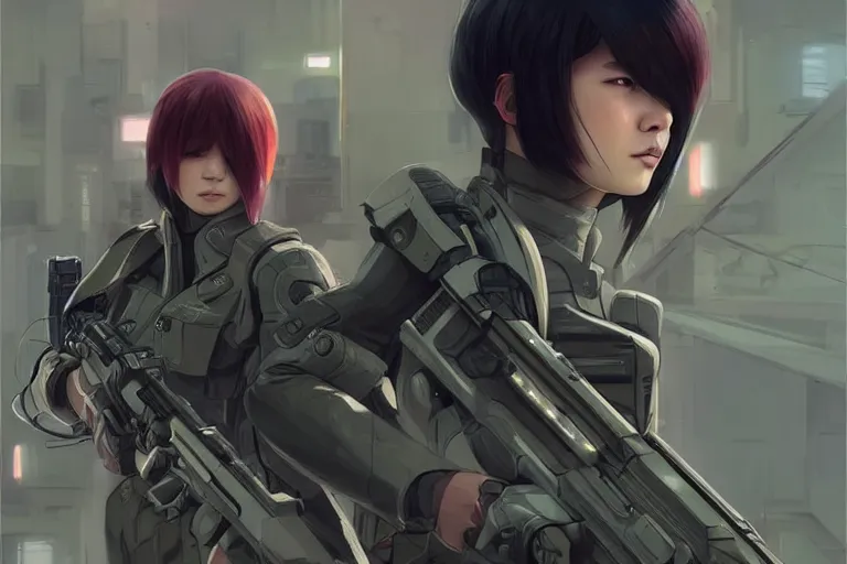 Image similar to young female japanese sniper aiming a railgun sniper rifle, neon, cyberpunk, futuristic, full cybernetic combat suit, short bob haircut, stunning illustration, highly detailed, digital painting, smooth, soft focus, illustration, ghost in the shell, 4 k digital art from artstation by artgerm and greg rutkowski and alphonse mucha