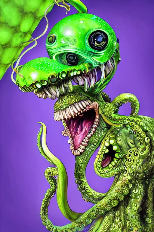 Image similar to a spectacular wideangle photorealistic, detailed digital art portrait of a laughing alien rococo alien queen with a alien green octopus head and golden jewelery, digital art